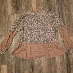 Ces Femme Cream and Brown Ruffled Long Sleeve Blouse